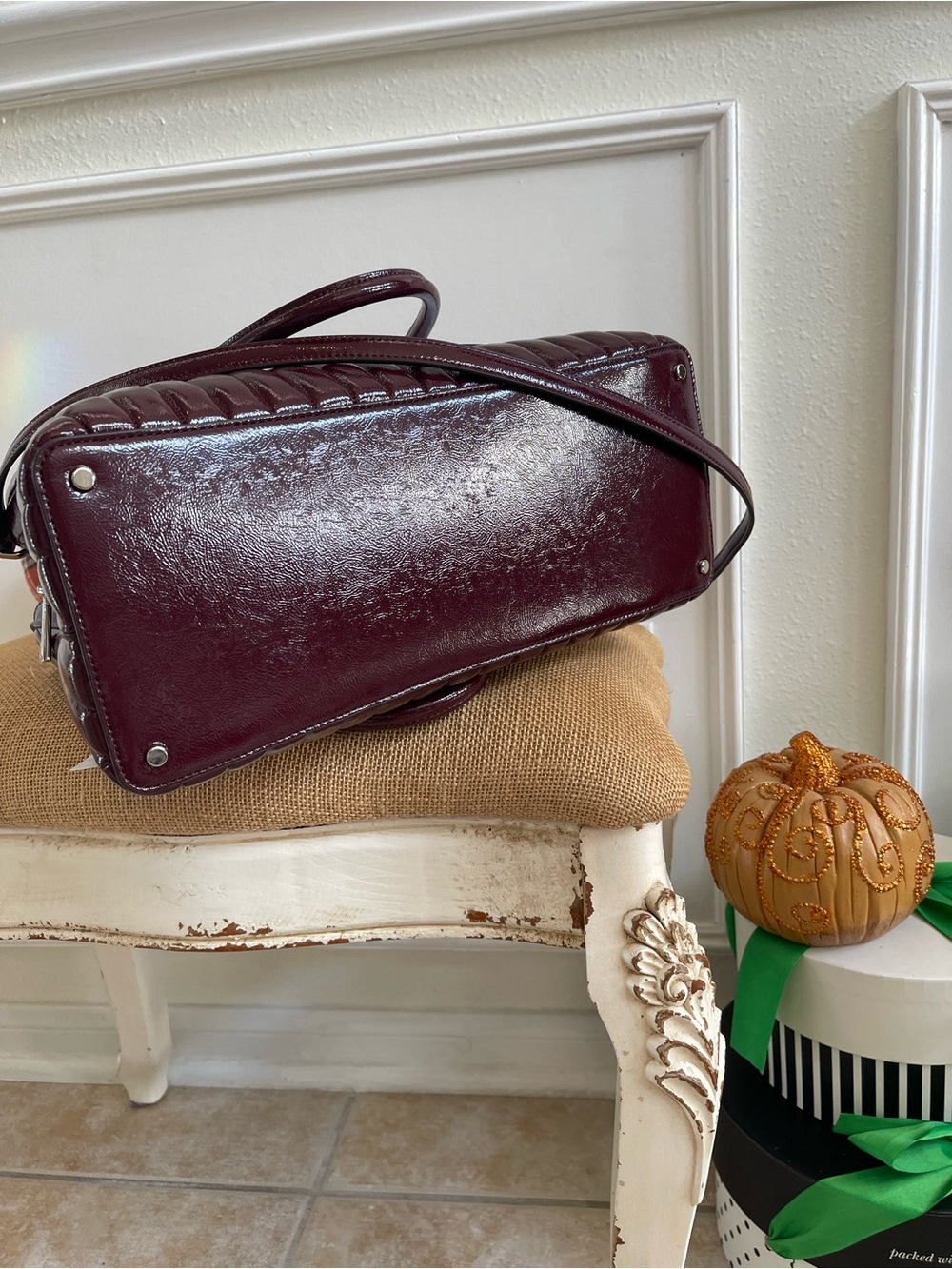 Kate Spade New York Thompson Street Shiny Quilted Satchel Bag Burgundy - Picture 9 of 16